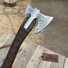 Load image into Gallery viewer, Handmade Viking Double-Bit Carbon Steel Axe with Norse Rune Etching and Engraved Hardwood Handle