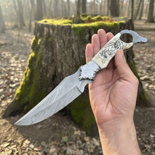 Load image into Gallery viewer, Biker Ringtail Knife Damascus Camel Bone EDC