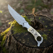 Load image into Gallery viewer, Biker Ringtail Knife Damascus Camel Bone EDC