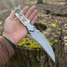 Load image into Gallery viewer, Biker Ringtail Knife Damascus Camel Bone EDC
