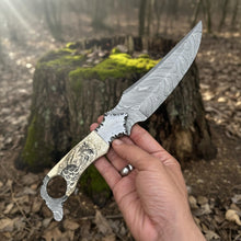 Load image into Gallery viewer, Biker Ringtail Knife Damascus Camel Bone EDC