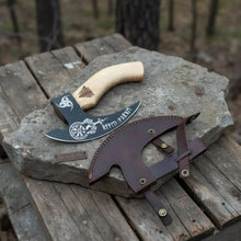 Load image into Gallery viewer, Viking Rune Engraved Bearded Axe Pizza Cutter — Carbon Steel Blade, Ash Wood Handle