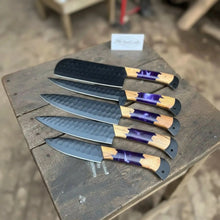 Load image into Gallery viewer, 5-Piece Hand-Forged Chef Knives Set – Black Blades, Purple Resin &amp; Olive Wood Handles