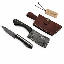 Load image into Gallery viewer, Custom Forged Damascus Mini Butcher Cleaver — Full Tang Black Handle with Leather Sheath