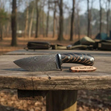 Load image into Gallery viewer, Bowie Knife Feather Damascus Blade Pinecone Handle Fixed Blade Hunting Knife