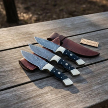 Load image into Gallery viewer, Damascus Hunting Knife Set Brass and Black Micarta Handle Fixed Blade Trio