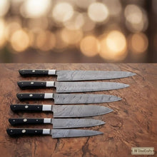 Load image into Gallery viewer, Forged 6-Piece Damascus Carving and Slicer Knife Set with Long Damascus Blades, Black Resin Handles