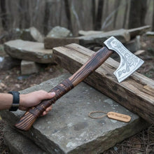 Load image into Gallery viewer, Hand Forged Carbon Steel Viking Axe with Carved Ash Wood Handle and Leather Grip