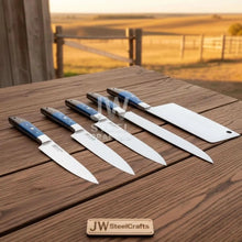 Load image into Gallery viewer, Blue Wood Damascus Chef Knife Set: 5-Piece Handmade Collection