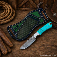 Load image into Gallery viewer, Blue Outlaw Cowboy Hunting Knife – Damascus Steel Turquoise Handle