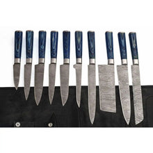 Load image into Gallery viewer, 10-Piece Handmade Damascus Kitchen Knife Set – Blue Pakkawood Handles | Chef, Santoku, Cleaver, Bread, Slicing, Boning, Utility &amp; Paring