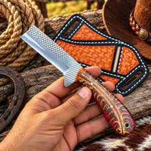 Load image into Gallery viewer, Handmade Horse Rasp Stainless Steel Cowboy Skinner Knife with Blue and Tan Resin Pinecone Handle &amp; Floral Leather Sheath – SH-DS/074