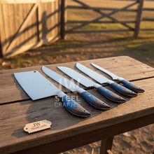 Load image into Gallery viewer, Blue Wood Chef Knife Set – 5-Piece Handmade Kitchen Collection