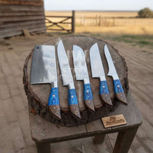 Load image into Gallery viewer, Blue Wood Chef Knife Set – 5-Piece Handmade Kitchen Collection