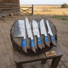 Load image into Gallery viewer, Blue Wood Damascus Chef Knife Set: 5-Piece Handmade Collection