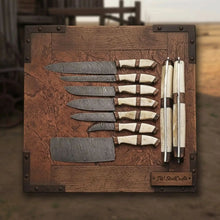 Load image into Gallery viewer, 7-Piece Handmade Damascus Kitchen Knife Set with Bone Handle and Leather Roll