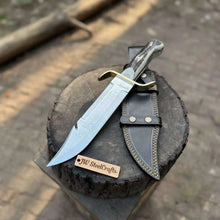 Load image into Gallery viewer, 16-Inch Damascus Bowie Knife — 11-Inch Blade, Stag Handle, Brass S-Guard &amp; Leather Belt Sheath