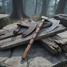 Load image into Gallery viewer, Handmade Damascus Skeggøx Bearded Axe with Leather Wrap and Sheath