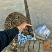 Load image into Gallery viewer, Handcrafted Viking Shield and Engraved Axe Set with Raven Motif and Norse Knotwork