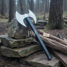 Load image into Gallery viewer, Custom Handmade Double-Headed Viking Axe with Nordic Knotwork Engravings and Cord-Wrapped Handle