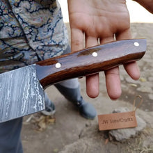 Load image into Gallery viewer, 12-Inch Serbian Damascus Cleaver — Rosewood Handle &amp; Leather Sheath