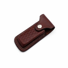 Load image into Gallery viewer, Handmade Damascus Steel Folding Knife – Engraved Brass Handle EDC Pocket Knife with Leather Sheath