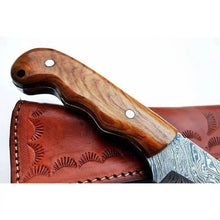 Load image into Gallery viewer, Damascus Drop Point Skinner Knife 3 Inch Blade Rosewood Handle Fixed Blade With Leather Sheath