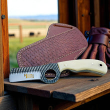 Load image into Gallery viewer, D2 Rasp Steel Bull Cutter Knife Camel Bone Handle