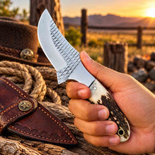 Load image into Gallery viewer, Handmade Damascus Bull Cutter Knife with Camel Bone Handle &amp; Western Leather Sheath