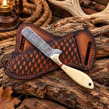 Load image into Gallery viewer, Handmade Damascus Bull Cutter Knife with Camel Bone Handle &amp; Western Leather Sheath