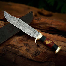 Load image into Gallery viewer, Damascus Dundee Bowie Knife Bull Horn Pakka Wood Handle