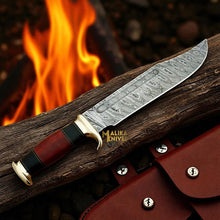 Load image into Gallery viewer, Damascus Dundee Bowie Knife Bull Horn Pakka Wood Handle