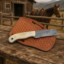 Load image into Gallery viewer, Bullcrest Cowboy Bull Cutter – Damascus Steel, Bone Handle &amp; Leather Sheath