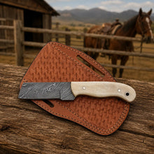 Load image into Gallery viewer, Bullcrest Cowboy Bull Cutter – Damascus Steel, Bone Handle &amp; Leather Sheath