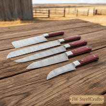 Load image into Gallery viewer, 5-Piece Handcrafted Damascus Steel Knife Set: Cleaver, Bread, Chef, Utility, Paring