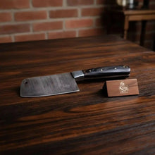 Load image into Gallery viewer, 7-Inch Forged Damascus Cleaver Knife — Twisted Pattern Blade, Grey Pakka Wood Handle, Steel Bolster &amp; Hanging Hole | JW Steel Crafts