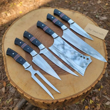 Load image into Gallery viewer, 6-Piece J2 Steel Kitchen Knife Set — Chef, Cleaver, Santoku, Utility, Paring &amp; Carving Fork with Black Resin Rosewood Handles