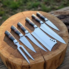 Load image into Gallery viewer, 6-Piece J2 Steel Kitchen Knife Set — Chef, Cleaver, Santoku, Utility, Paring &amp; Carving Fork with Black Resin Rosewood Handles