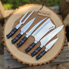 Load image into Gallery viewer, 6-Piece J2 Steel Kitchen Knife Set — Chef, Cleaver, Santoku, Utility, Paring &amp; Carving Fork with Black Resin Rosewood Handles