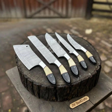 Load image into Gallery viewer, 5-Piece Damascus Chef Knife Set – Camel Bone and Black Micarta Handles