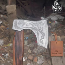 Load image into Gallery viewer, Hand Forged Carbon Steel Viking Axe with Carved Ash Wood Handle and Leather Grip