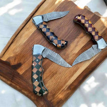 Load image into Gallery viewer, Handmade Damascus Folding Knife with Checker Pattern Wood Handle (Red, Green, Blue) with Leather Sheath