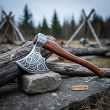 Load image into Gallery viewer, Carbon Steel Viking Bearded Axe – Hand Engraved Norse Skeggøx with Hardwood Handle, Functional Bushcraft and Camping Hatchet | JW SteelCrafts