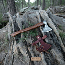 Load image into Gallery viewer, Carbon Steel Viking Bearded Axe – Hand Engraved Norse Skeggøx with Hardwood Handle, Functional Bushcraft and Camping Hatchet | JW SteelCrafts