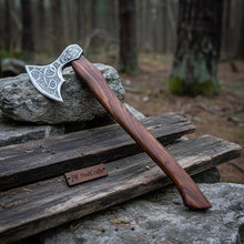 Load image into Gallery viewer, Carbon Steel Viking Bearded Axe – Hand Engraved Norse Skeggøx with Hardwood Handle, Functional Bushcraft and Camping Hatchet | JW SteelCrafts
