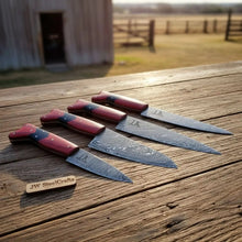 Load image into Gallery viewer, Handmade Red Wood Handle Damascus Kitchen Knife Set - 4 Piece Carving Chef Utility