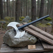 Load image into Gallery viewer, Custom Handmade Double-Headed Viking Axe with Nordic Knotwork Engravings and Cord-Wrapped Handle