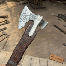 Load image into Gallery viewer, Handmade Viking Double-Bit Carbon Steel Axe with Norse Rune Etching and Engraved Hardwood Handle