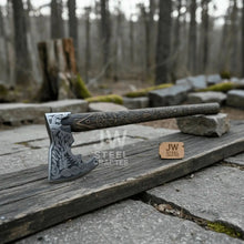 Load image into Gallery viewer, Handcrafted Viking Shield and Engraved Axe Set with Raven Motif and Norse Knotwork