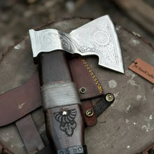Load image into Gallery viewer, Viking Bearded Axe with Norse Engraved Blade and Leather Sheath